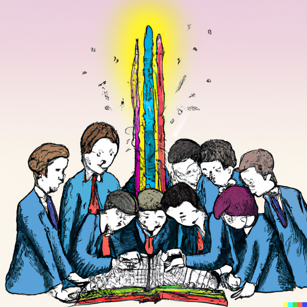 sekelompok akademisi memelototi buku besar dengan sebuah pemeringkatan bersinar di belakangnya