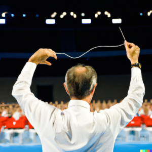 a man conducting the audience response in an international sports game
